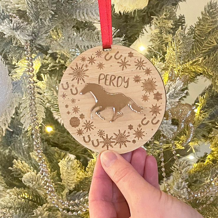 Snowflake Wreath Pet Horse Wood and Acrylic Christmas Tree Decoration-Love Lumi Ltd