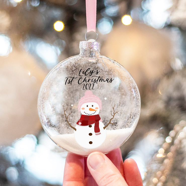 Personalised Snowman Baby's 1st Christmas Glitter Glass Christmas Tree Bauble Ornament-Love Lumi Ltd