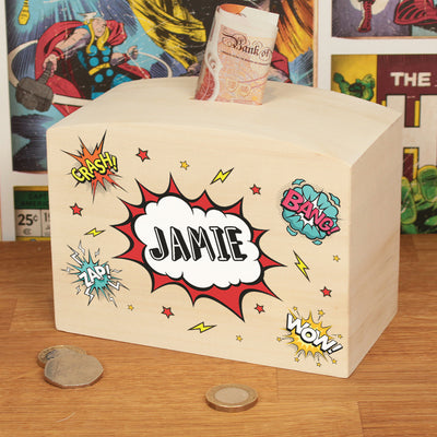 Personalised Superhero Natural Wooden Money Saving Box Piggy Bank-Love Lumi Ltd