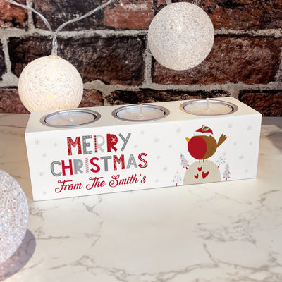 Personalised Merry Christmas Robin Triple Candle Tealight Holder-Love Lumi Ltd