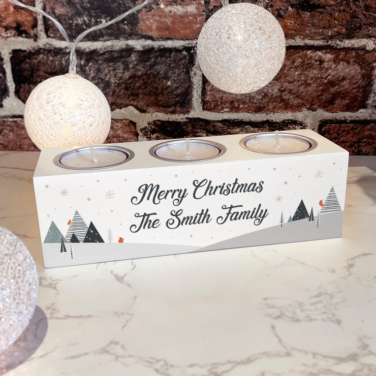 Personalised Snowy Trees Christmas Triple Candle Tealight Holder-Love Lumi Ltd
