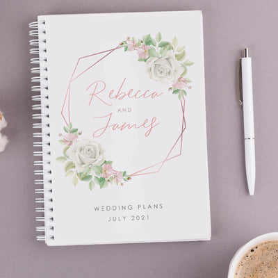 Personalised Rose Gold Floral Frame Wedding Planner Hardback Notebook-Love Lumi Ltd