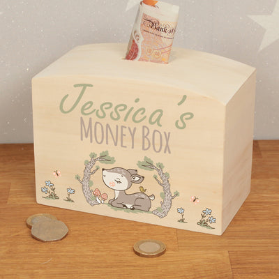 Personalised Woodland Deer Natural Wooden Money Saving Box Piggy Bank-Love Lumi Ltd